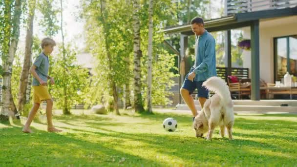 Vader en zoon spelen met Golden Retriever Dog in de achtertuin — Stockvideo