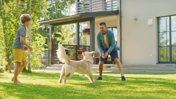 Батько і Соня з золотим собакою на задньому дворі — стокове відео