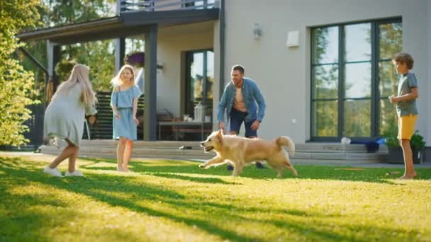 Famiglia Gioca con il cane in cortile — Video Stock