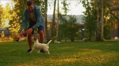 Adam dışarıda Pürüzsüz Tilki Teriyer Köpeğiyle oynuyor