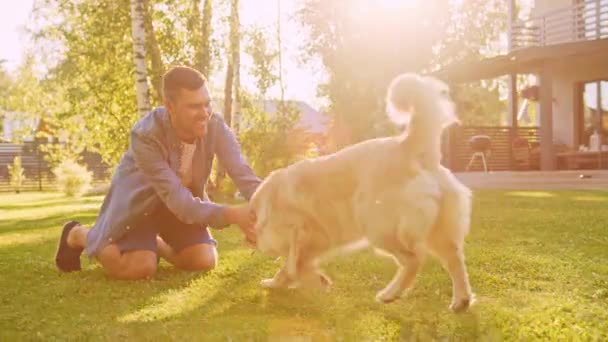 Man Plays with Golden Retriever Dog — Stock Video