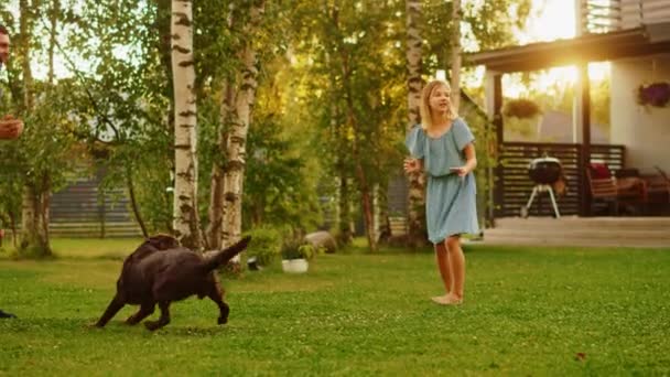 女の子は裏庭でラブラドールレトリバー犬と遊ぶ — ストック動画
