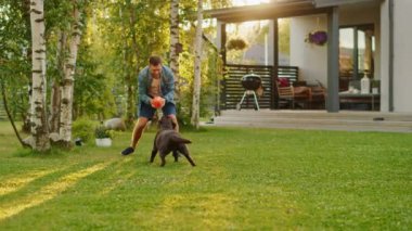 Adam Arka Bahçede Labrador Köpeğiyle Oynuyor