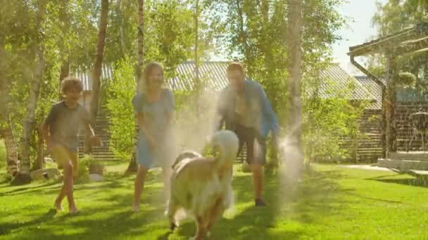 Rodzina gra z Golden Retriever Dog na podwórku — Wideo stockowe