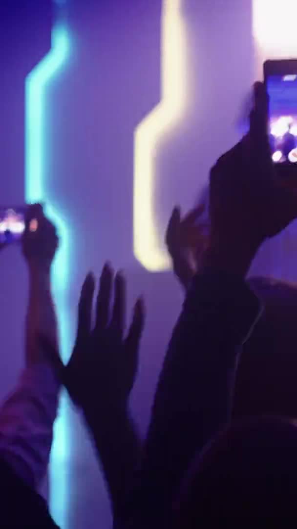 Verticale Beeldmateriaal Muziek Ventilatoren Opname Video op Mobiel op Rock Concert — Stockvideo