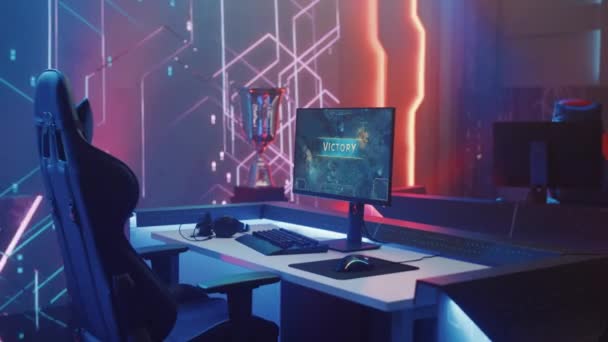 ビデオゲームトーナメントの空の椅子の画面が勝利を示す — ストック動画