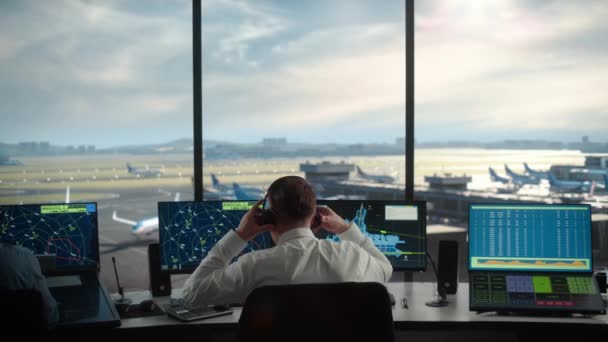 Air Traffic Control Team Works in Airport Tower — Stock Video