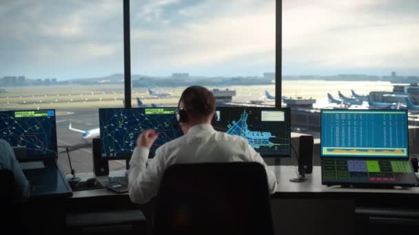 Air Traffic Control Team Works in Airport Tower — Stock Video