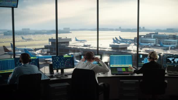 Air Traffic Control Team Works in Airport Tower — Stock Video