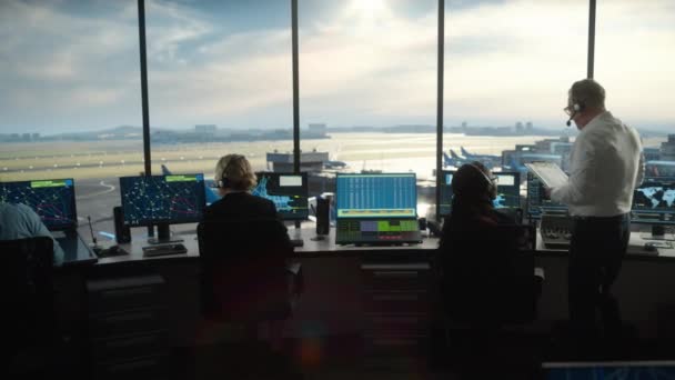 Air Traffic Control Team Works in Airport Tower — Stock Video