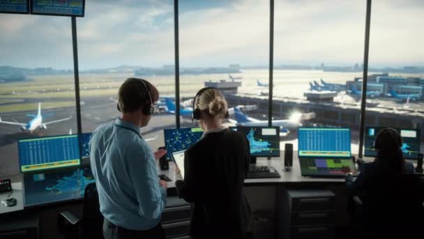 Air Traffic Control Specialists Talking at Airport Tower — Stock Video