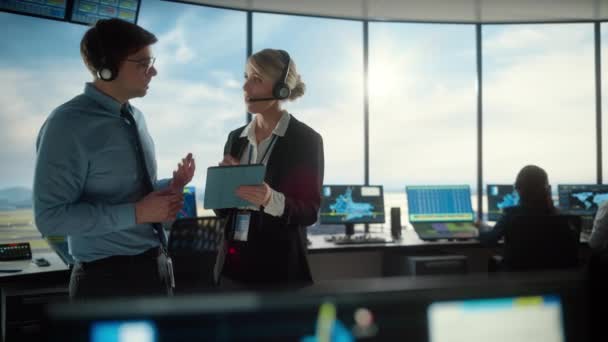 Air Traffic Control Specialists Talking at Airport Tower — Stock Video