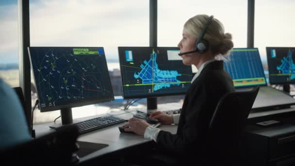 Air Traffic Control Specialist Works in Airport Tower — Stock Video