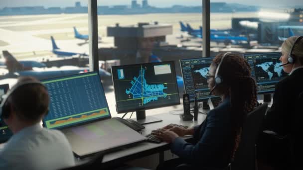 Air Traffic Control Team Works in Airport Tower — Stock Video