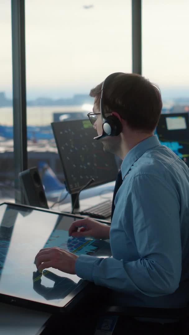 Vertical Footage Air Traffic Control Specialist Works in Airport Tower — Stock Video