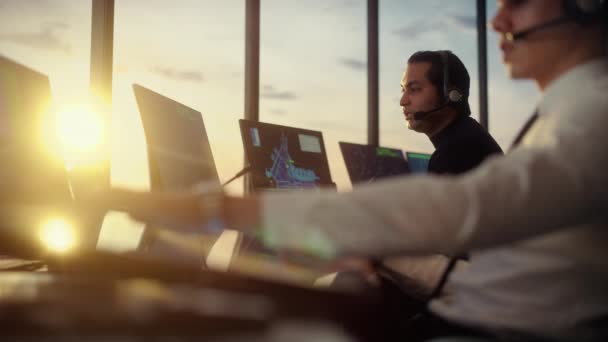 Air Traffic Control Specialist Works in Airport Tower — Stock Video