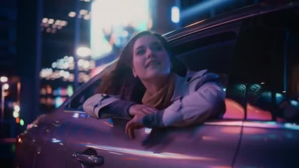 Woman in Car in City at Night — Stock Video