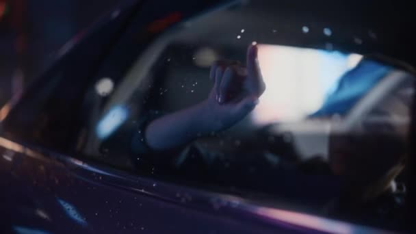 Young Boy in Car in City at Night — Stock Video