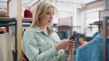 Smartphone 'u olan kadın müşteri giyim mağazasında