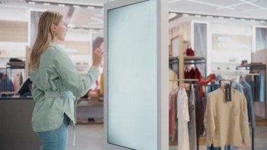 Kadın Müşteri Giysi Mağazasında Bilgi Ekranı Kullanıyor