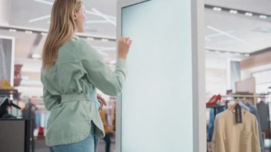 Kadın Müşteri Giysi Mağazasında Bilgi Ekranı Kullanıyor