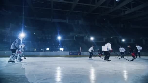 Хоккейные команды играют, забив гол — стоковое видео