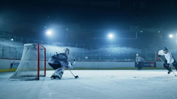 Ice Hockey Player Successdul Shot on Goal Puck — Stock Video