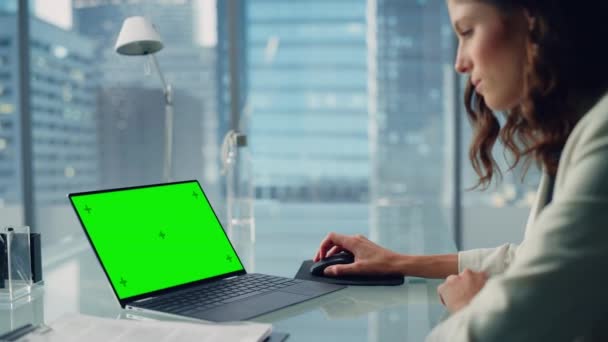 Zakenvrouw werkt aan Green Screen Compyter in Office — Stockvideo