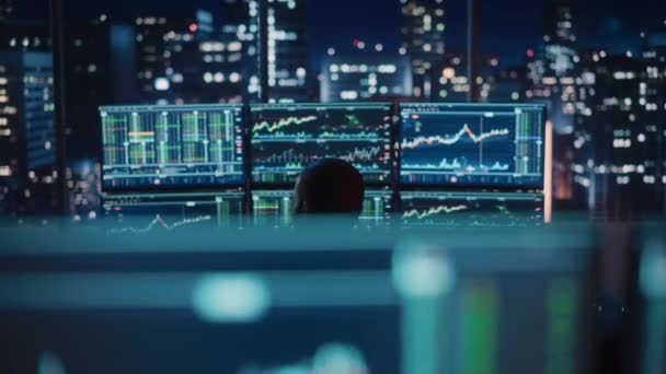 Finanzmakler Trader arbeitet nachts im Büro — Stockvideo