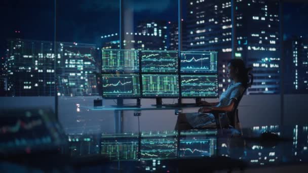 Stocks Trader Working in Office at Night — Stock Video