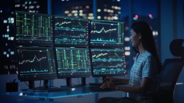 Stocks Trader Working in Office at Night — Stock Video