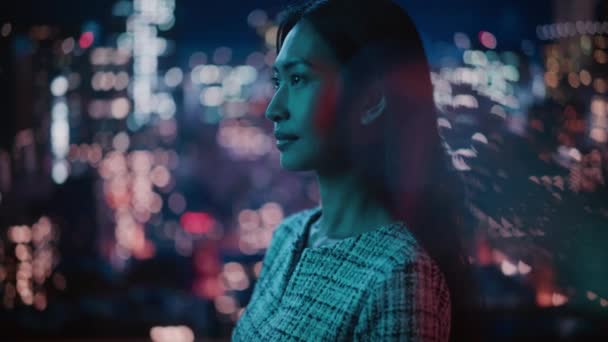 Asian Woman Portrait Night City — Stock Video