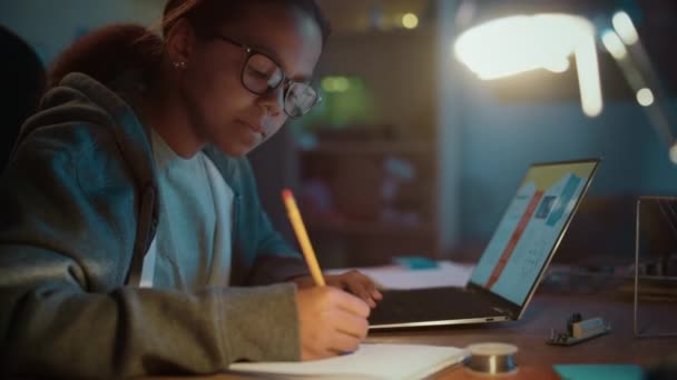 Chica joven haciendo tareas en el cuaderno en casa — Vídeo de stock