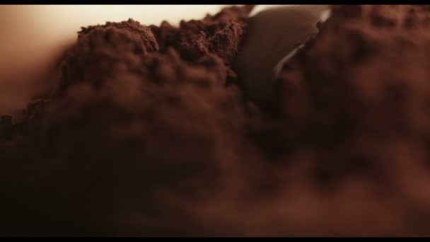 Жидкий горячий шоколад, текущий через какао-порошок — стоковое видео