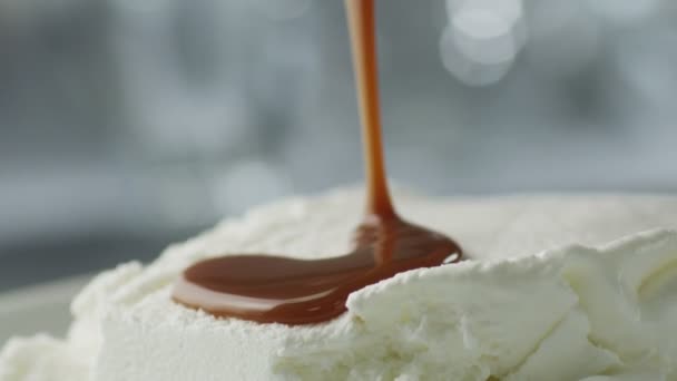 Caramel Topping Covering Ice Cream — Stock Video