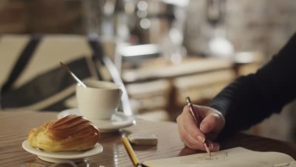 Woman Drawing in Coffee Shop in the Morning. — Stockvideo