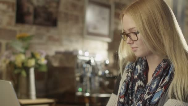 Bella ragazza digitando sul computer portatile in Coffee Shop . — Video Stock