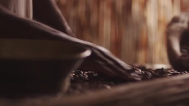 Afryki pracownika jest sortowanie ziarna kawy — Wideo stockowe
