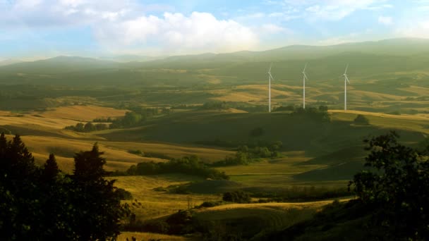 Větrné elektrárny na polích krajiny — Stock video
