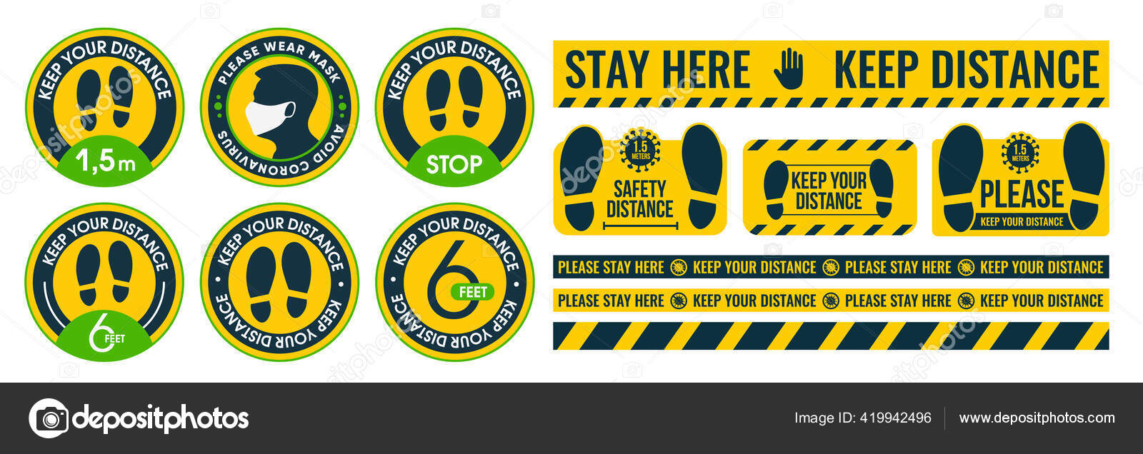 Large Collection Of Social Distance Floor Stickers Round And Linear For Printing Install Where There Are A Lot Of People In Yellow And Green Tones Against Coronavirus And Covid 19 Stay Here