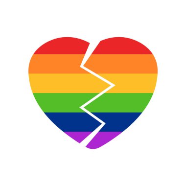 Kırık bir gökkuşağı kalbinin resmi LGBT boşanmasını temsil ediyor. Vektör illüstrasyonu