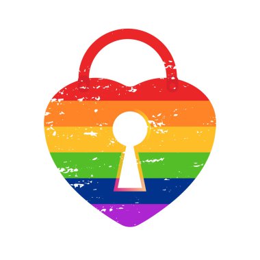 Basit gökkuşağı kalp kilidi ve kalp anahtarı simgesi. Grunge tarzı. Beyaz arka planda vektör hisse senedi çizimi. Güçlü bir evlilik kavramı.