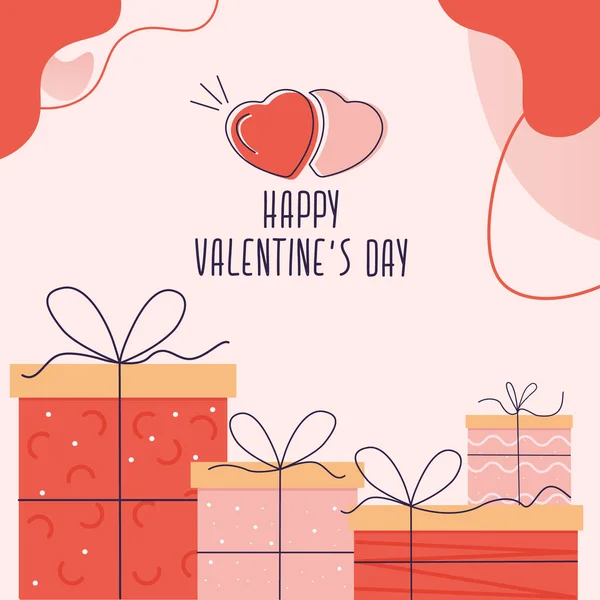 Dia dos Namorados cartão de saudação, conceito com presentes. E com dois corações. Pode ser usado para impressão e redes sociais. —  Vetores de Stock
