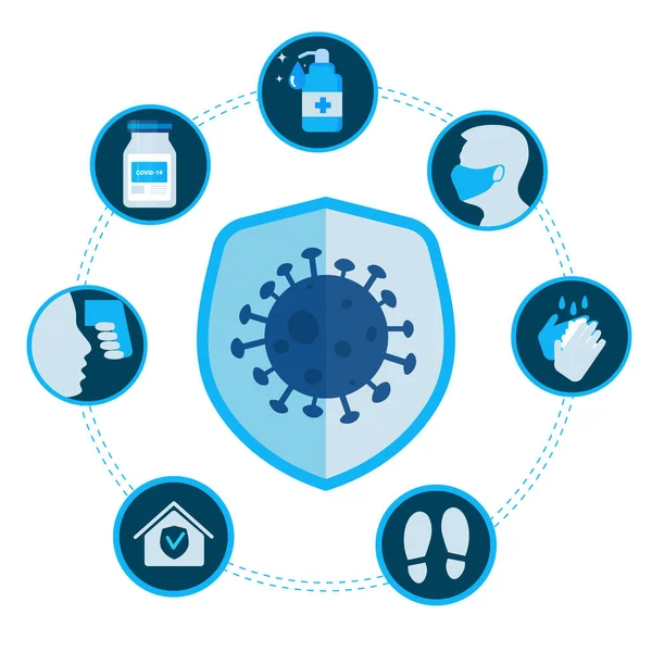 Infografías médicas sobre la protección contra el coronavirus, covid19 como la vacuna, use una máscara, la distancia, lávese las manos y otros tipos de iconos. — Archivo Imágenes Vectoriales