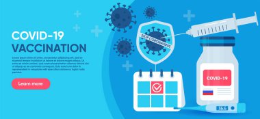 Rusça Covid işareti. Şırıngalı 19 aşı. Mavi arka planda. Aşı planlama kavramı
