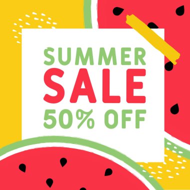 Summer sale 50 percent off. Summer square banner for social networks. A bright yellow banner with large watermelon slices.
