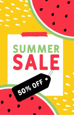 Summer sale with a 50 percent discount. Summer mobile banner for social networks. A bright yellow banner with large slices of watermelon.