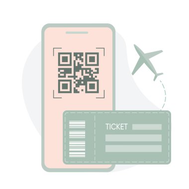 Akıllı telefonunuzu kullanarak seyahat biletinin QR kodu taraması. Boho tarzı beyaz bir arka planda izole edilmiş. Online bilet almak.