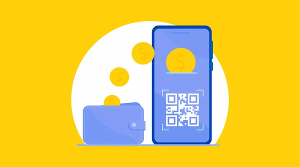 支払いのためのスマートフォンでQrコードをスキャンするバナーの概念 財布やコインで漫画パターンとフラットスタイル 電子機器 デジタル機器 バーコード 明るい色のベクトルイラスト — ストックベクタ