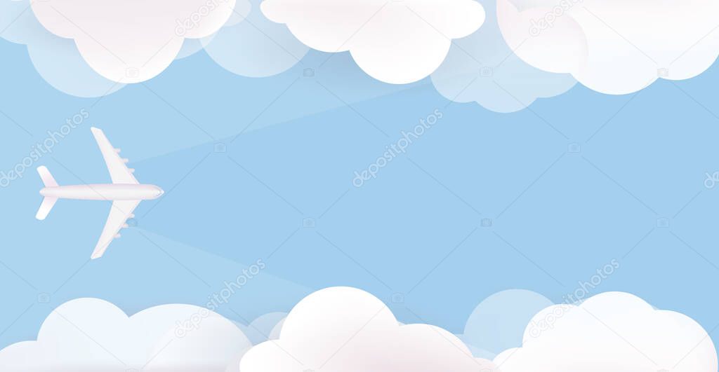 Banner of an airplane flying over the sky, vacation, holiday tour, concept for air ticket sales and travel agencies. With an empty space on a blue background. In the paper style